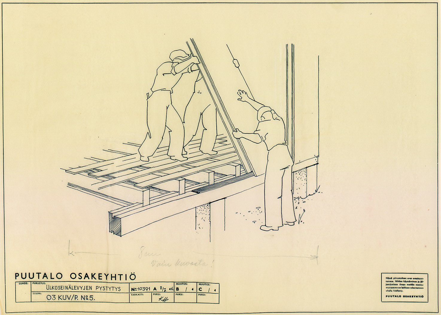 Three people are putting a wall to its place in a drawing provided by Puutalo Oy.