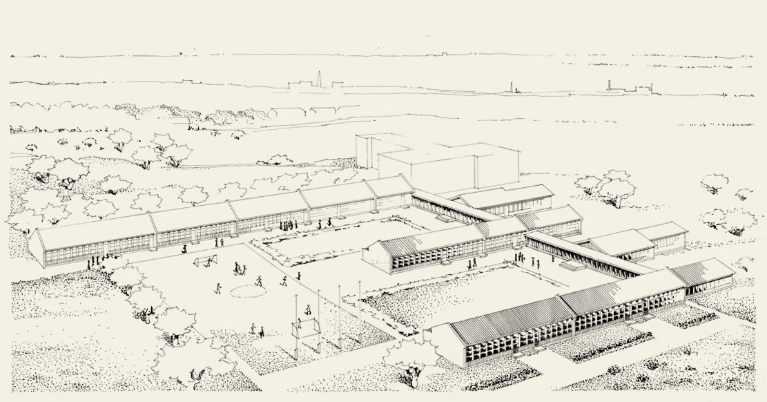 A drawing of a vast school area where there are several one-storey Puutalo wooden schools.